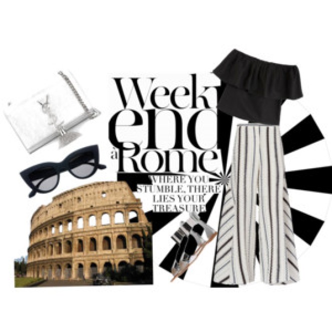 When in Rome look Fabulous in a linen Palooza pant and ruffle off the shoulders top paired with metalic gladiators , a YSL cross body bag and Prada shades